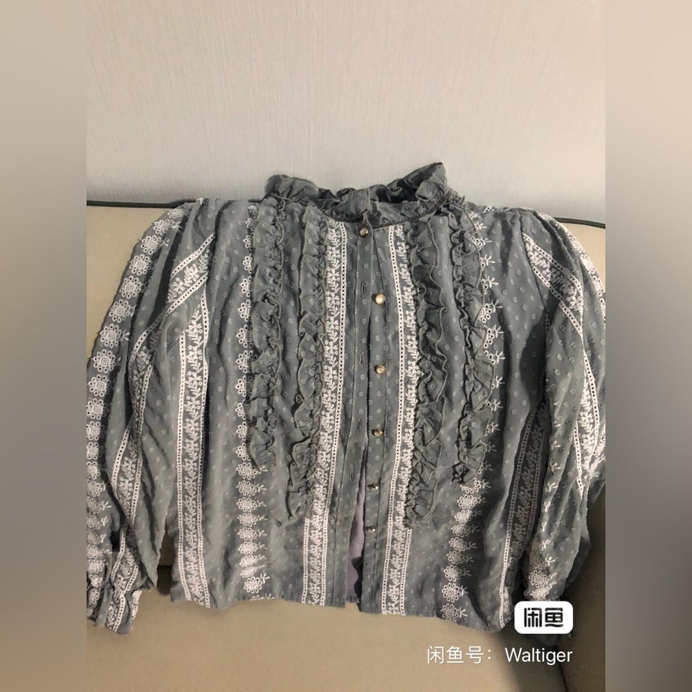 Ruffled Button-Front Blouse in Slate Gray with White Trim